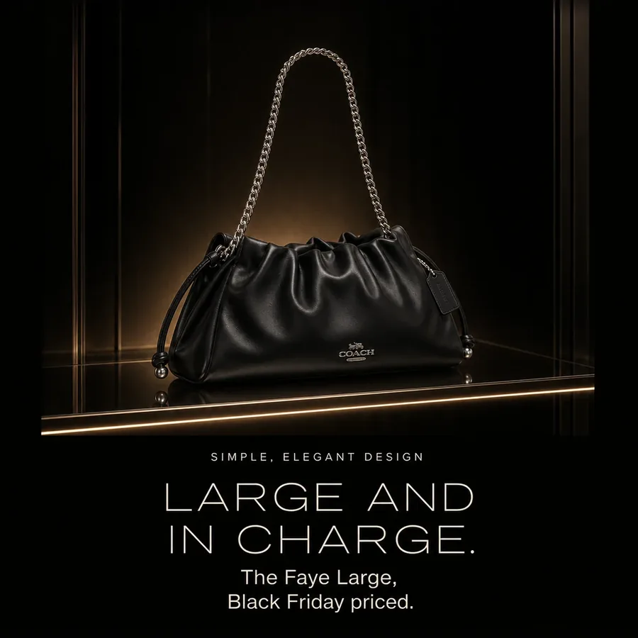 Large and in charge: the Coach Faye Large Shoulder Bag in black smooth leather, simple, elegant and Black Friday priced.
