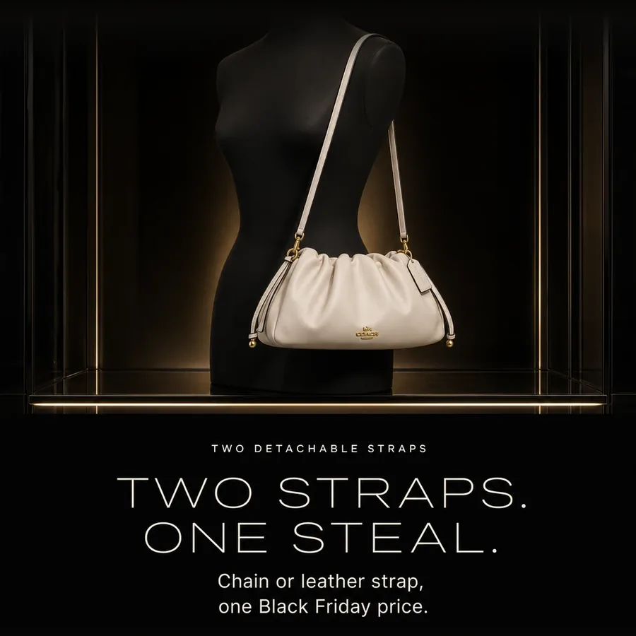 Two straps, one steal: the chalk Faye worn on the shoulder by its leather strap; chain or leather, one Black Friday price.