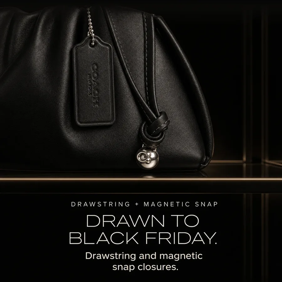 Drawn to Black Friday: the knotted drawstring with its metal bead and the leather hangtag; drawstring and magnetic snap.