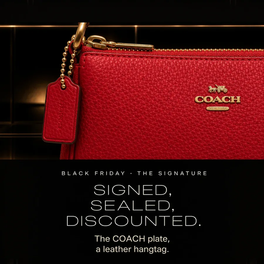 Signed, sealed, discounted: the gold-tone COACH logo plate and the leather hangtag, Black Friday priced.