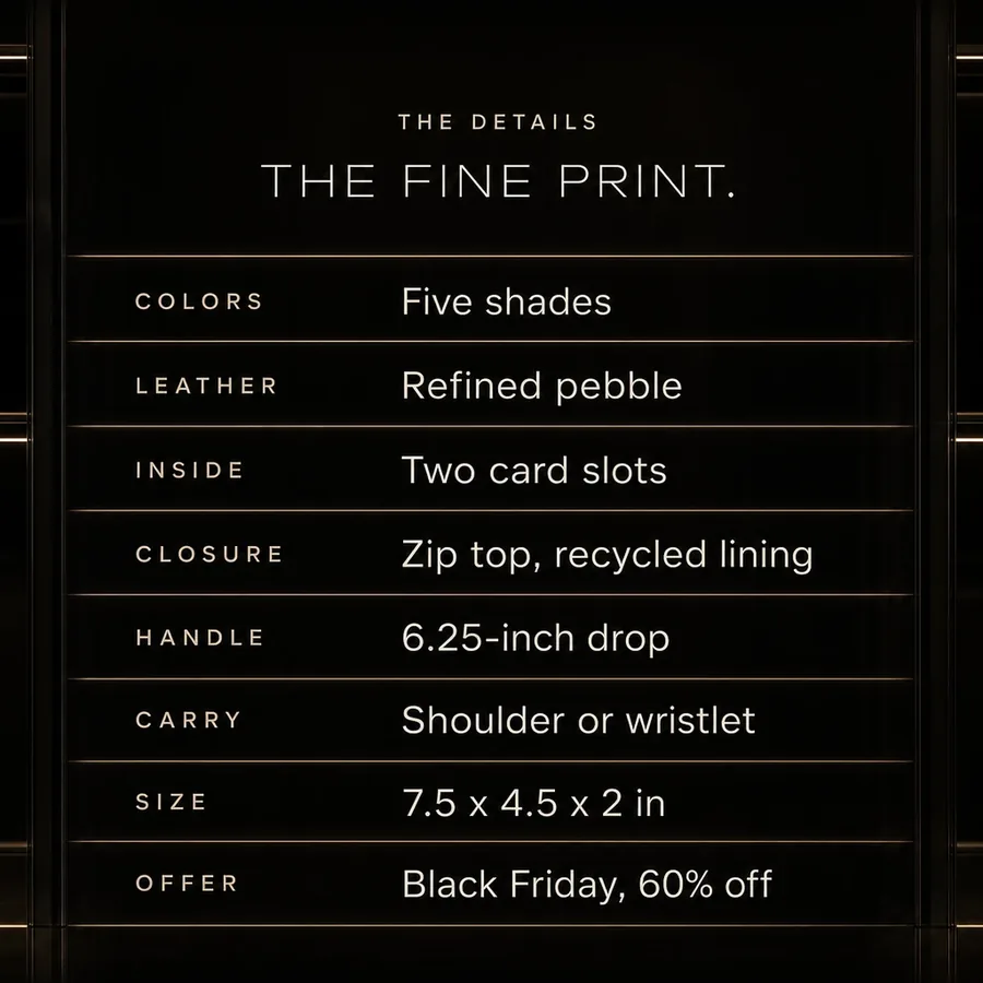 The fine print: refined pebble leather, two card slots, zip top, 7.5 x 4.5 x 2 in. Black Friday, 60% off.