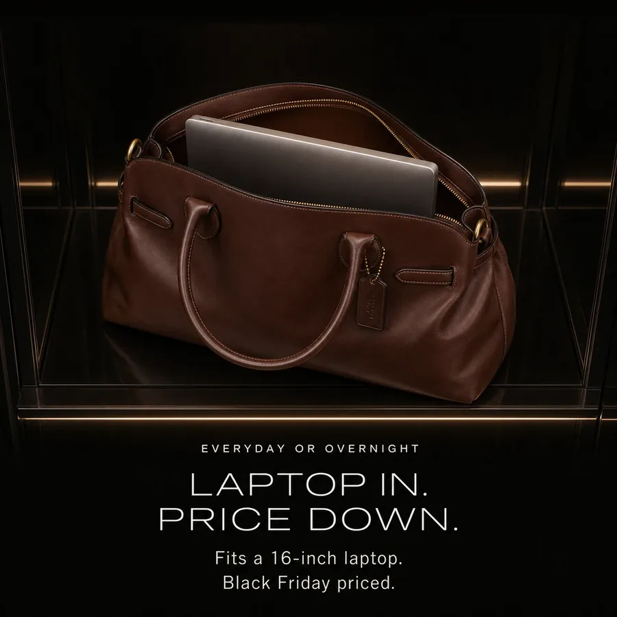 Laptop in, price down: the roomy main compartment fits a 16-inch laptop, Black Friday priced.
