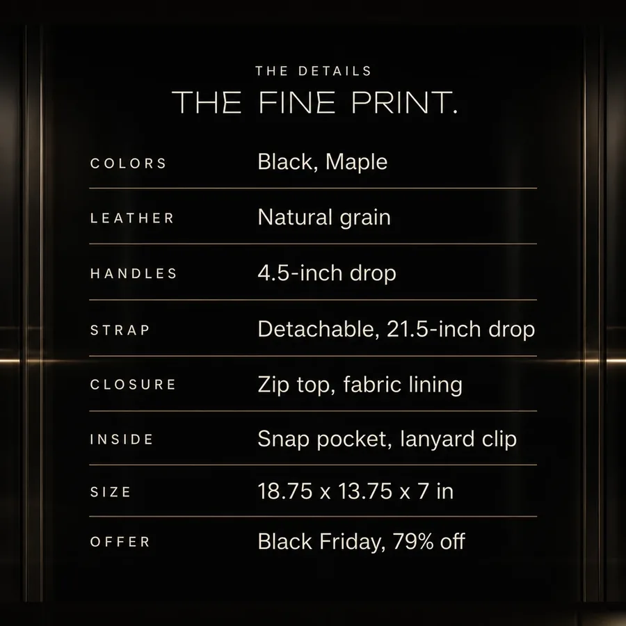 The fine print: natural grain leather, detachable strap, zip top, 18.75 x 13.75 x 7 in. Black Friday, 79% off.