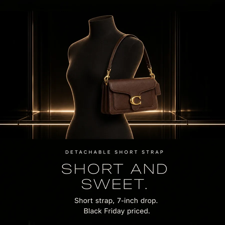 Short and sweet: worn on the shoulder with the detachable short strap, 7-inch drop. Black Friday priced.