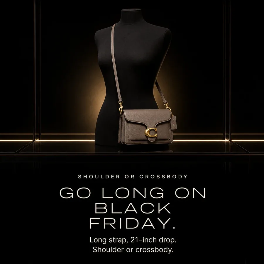Go long on Black Friday: worn crossbody on the detachable long strap, 21-inch drop, for shoulder or crossbody.