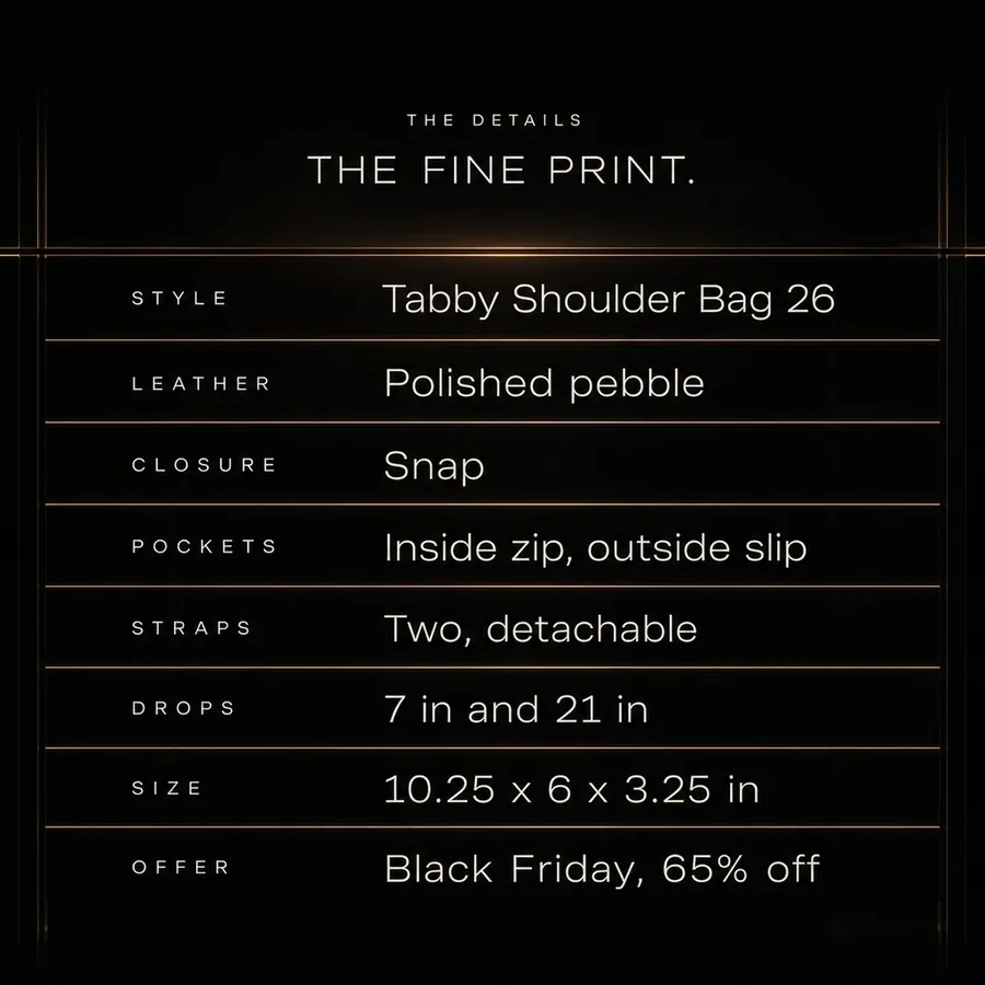 The fine print: polished pebble leather, snap closure, two detachable straps, 10.25 x 6 x 3.25 in. Black Friday, 65% off.