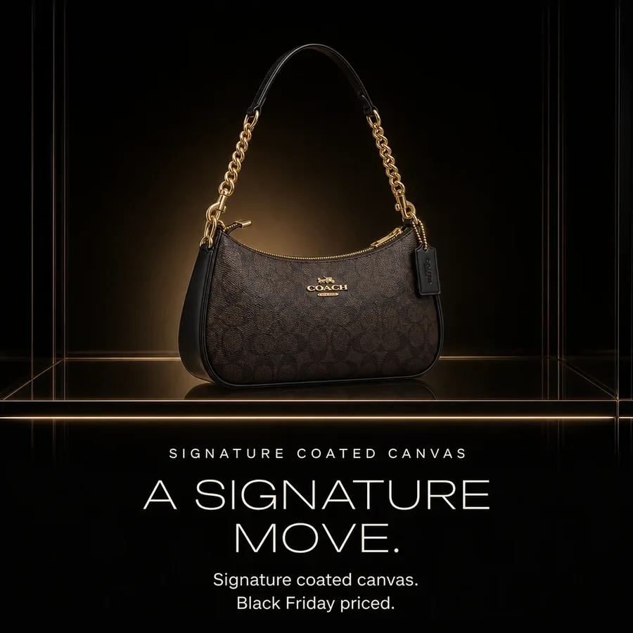 A signature move: the Teri in Signature coated canvas, walnut with black trim, Black Friday priced.