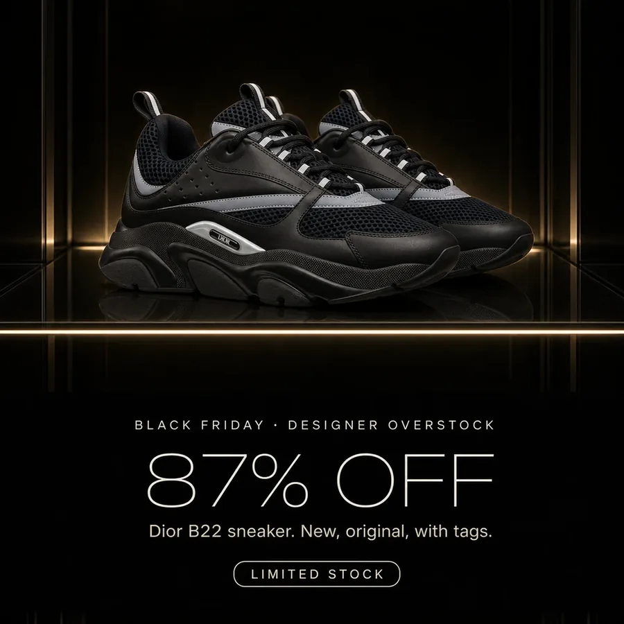 Black Friday, designer overstock: 87% off the Dior B22 sneaker, new, original, with tags. Limited stock.
