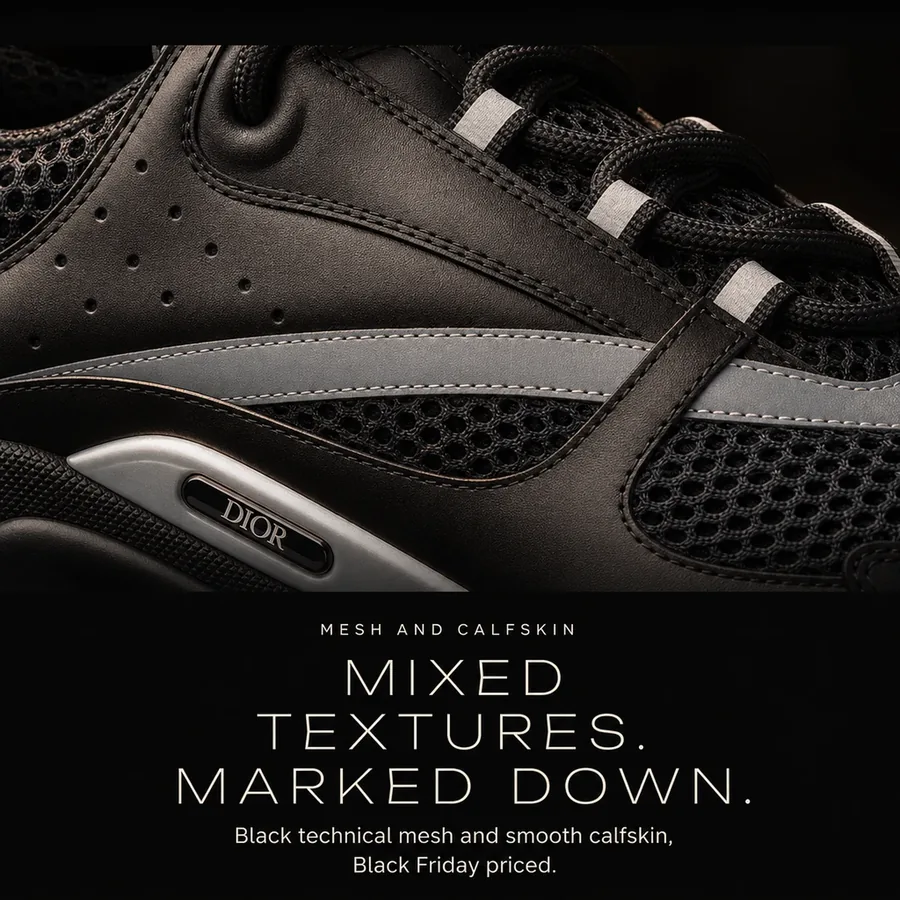 Mixed textures, marked down: black technical mesh and smooth calfskin on the Dior B22, Black Friday priced.