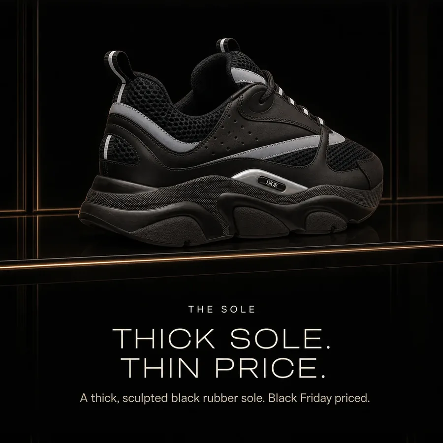 Thick sole, thin price: the Dior B22 stands on a thick, sculpted black rubber sole. Black Friday priced.