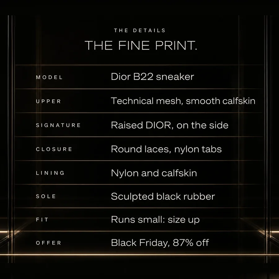 The fine print: Dior B22, technical mesh and smooth calfskin, sculpted rubber sole, runs small. Black Friday, 87% off.