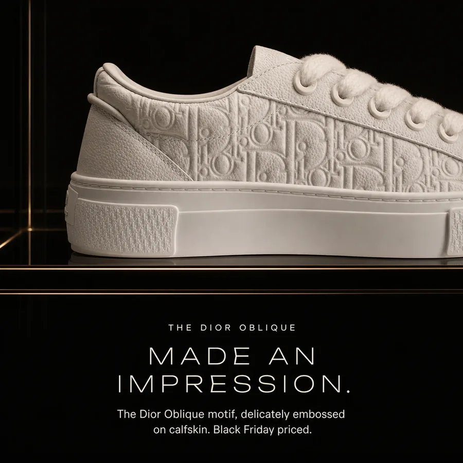 Made an impression: the Dior Oblique motif, delicately embossed on calfskin. Black Friday priced.
