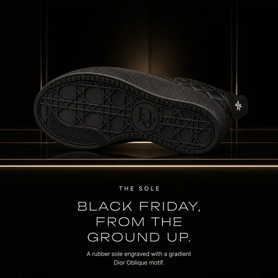 Black Friday from the ground up: a rubber sole engraved with a gradient Dior Oblique motif.