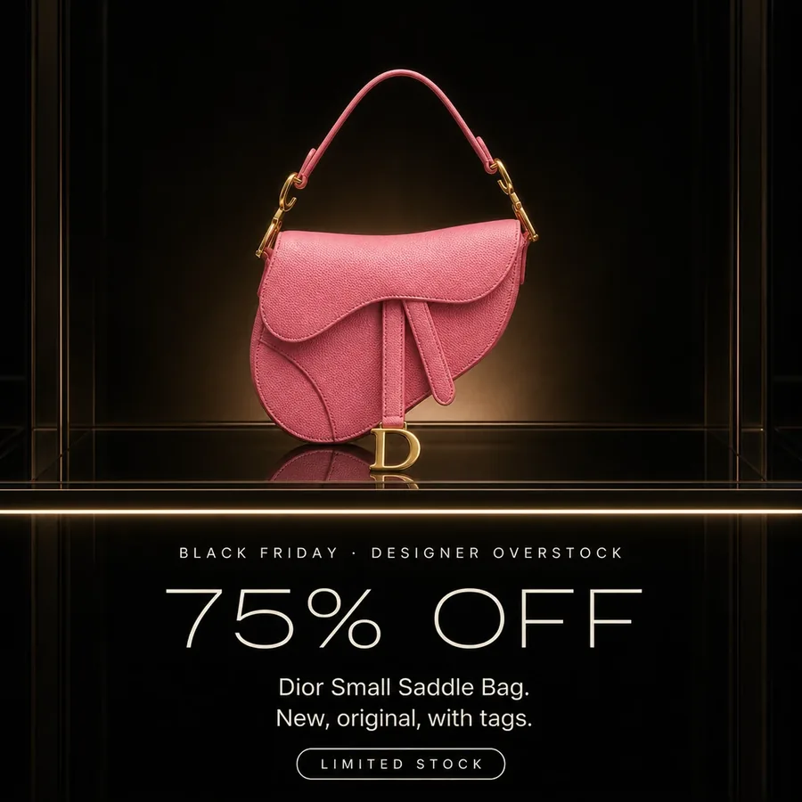 Black Friday, designer overstock: 75% off the Dior Small Saddle Bag, new, original, with tags. Limited stock.