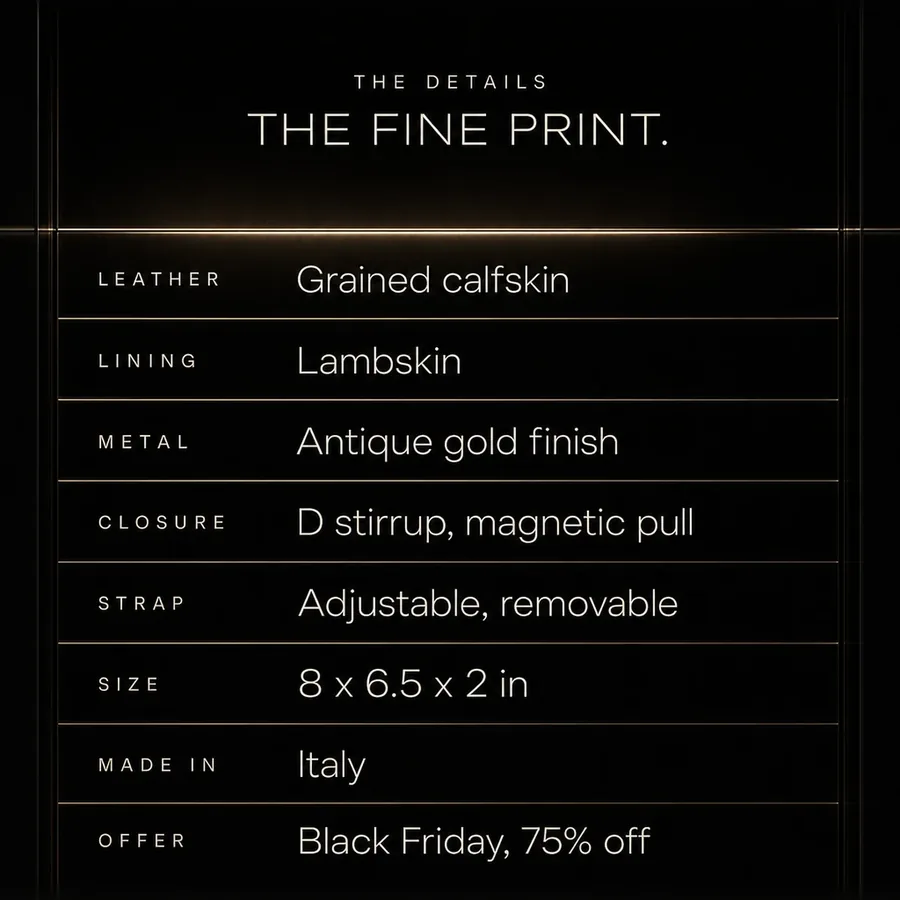 The fine print: grained calfskin, lambskin lining, antique gold metal, removable strap, made in Italy. Black Friday, 75% off.