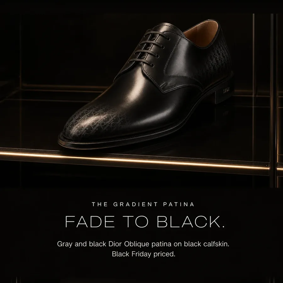 Fade to black: a gray and black Dior Oblique gradient patina on black calfskin. Black Friday priced.