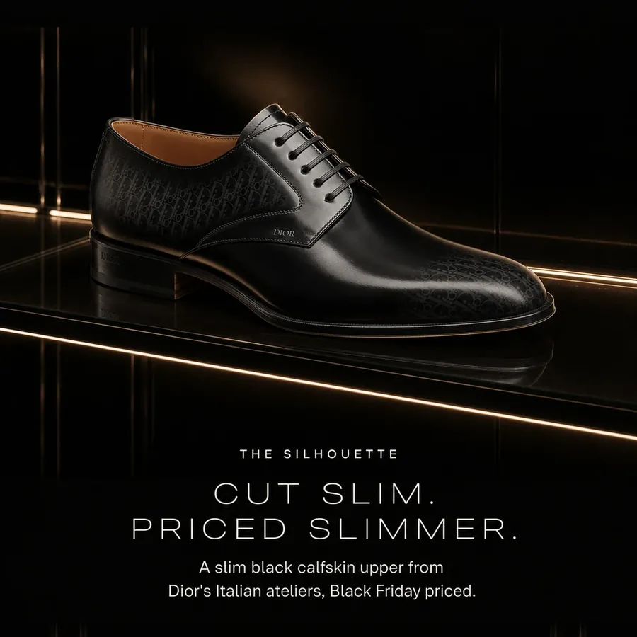 Cut slim, priced slimmer: a slim black calfskin upper from Dior's Italian ateliers, Black Friday priced.