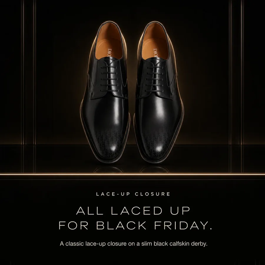 All laced up for Black Friday: a classic lace-up closure on a slim black calfskin derby.