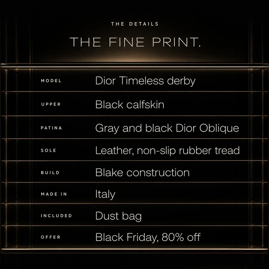 The fine print: Dior Timeless derby, black calfskin, Oblique patina, leather sole, made in Italy. Black Friday, 80% off.