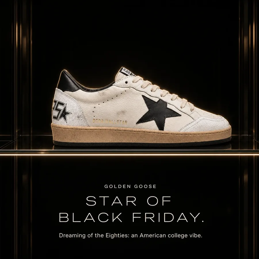 Golden Goose, star of Black Friday: dreaming of the Eighties, with an American college vibe.