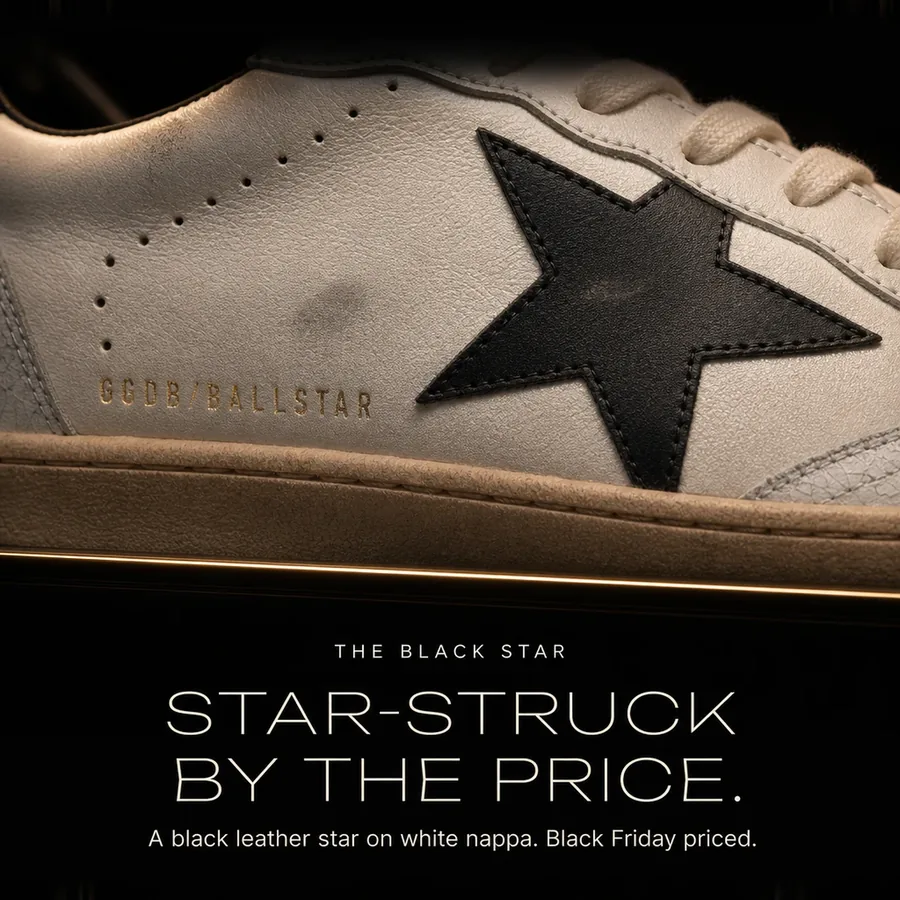 Star-struck by the price: a black leather star on white nappa. Black Friday priced.