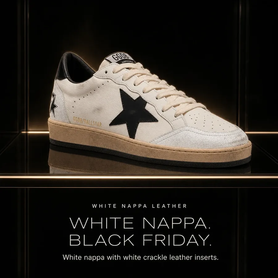 White nappa, Black Friday: a white nappa leather upper with white crackle leather inserts.