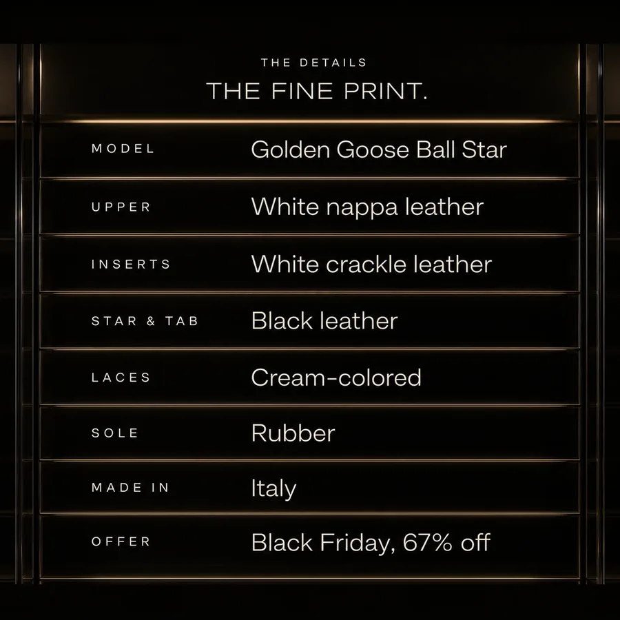 The fine print: Golden Goose Ball Star, white nappa, black leather star and tab, rubber sole, made in Italy. 67% off.