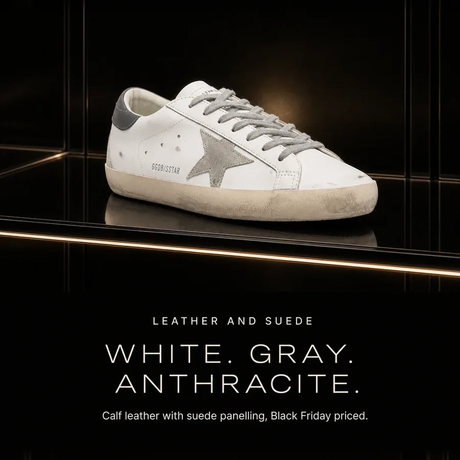 White, gray, anthracite: calf leather with suede panelling on the Golden Goose Super-Star, Black Friday priced.