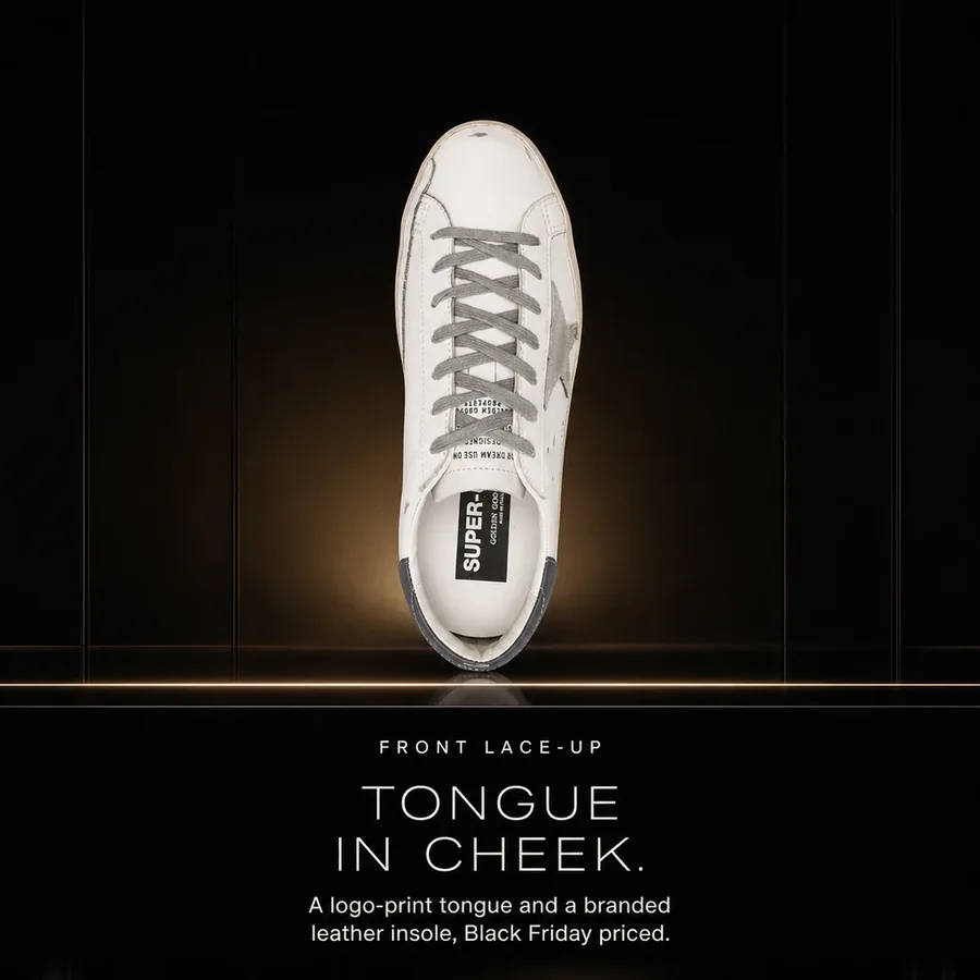 Tongue in cheek: a logo-print tongue and a branded leather insole on the Super-Star, Black Friday priced.