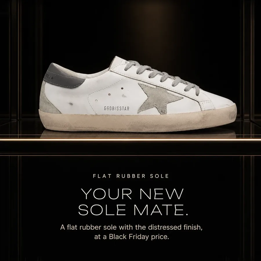 Your new sole mate: a flat rubber sole with the distressed finish on the Super-Star, at a Black Friday price.