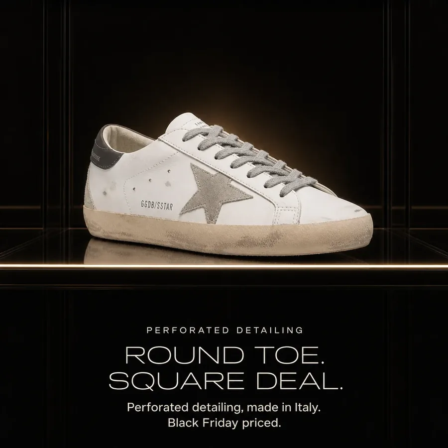 Round toe, square deal: perforated detailing on the Golden Goose Super-Star, made in Italy. Black Friday priced.