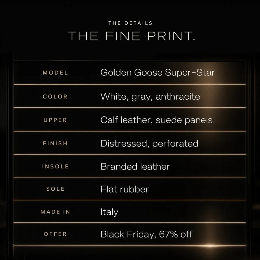 The fine print: Golden Goose Super-Star, white, gray and anthracite leather and suede, made in Italy. Black Friday, 67% off.