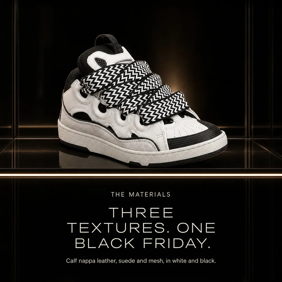 Three textures, one Black Friday: calf nappa leather, suede and mesh, in white and black.
