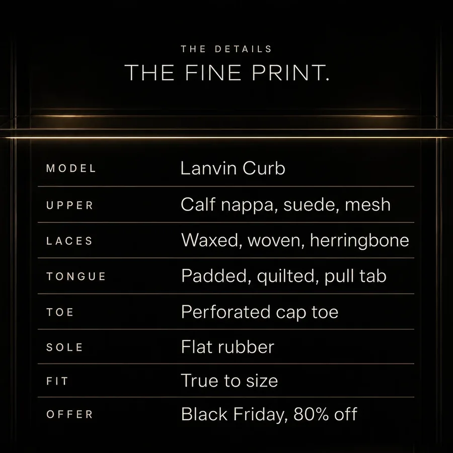 The fine print: Lanvin Curb, calf nappa, suede and mesh, woven laces, padded tongue, true to size. Black Friday, 80% off.