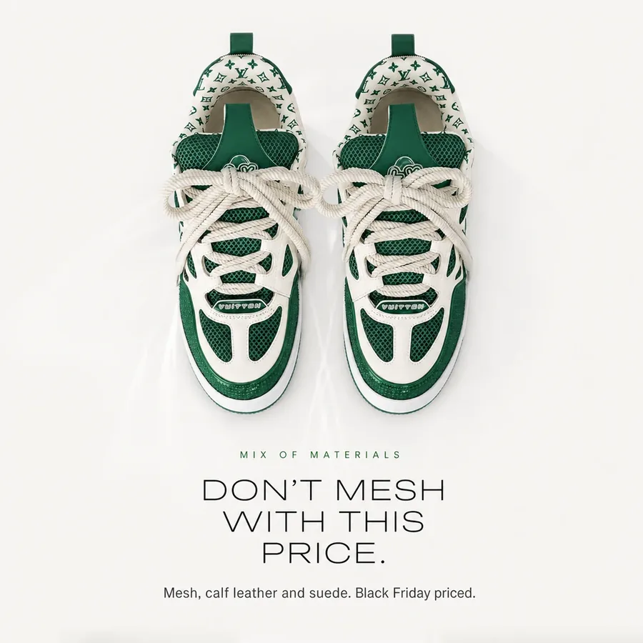 Don't mesh with this price: technical mesh, calf leather and suede on the Green and White LV Skate. Black Friday priced.