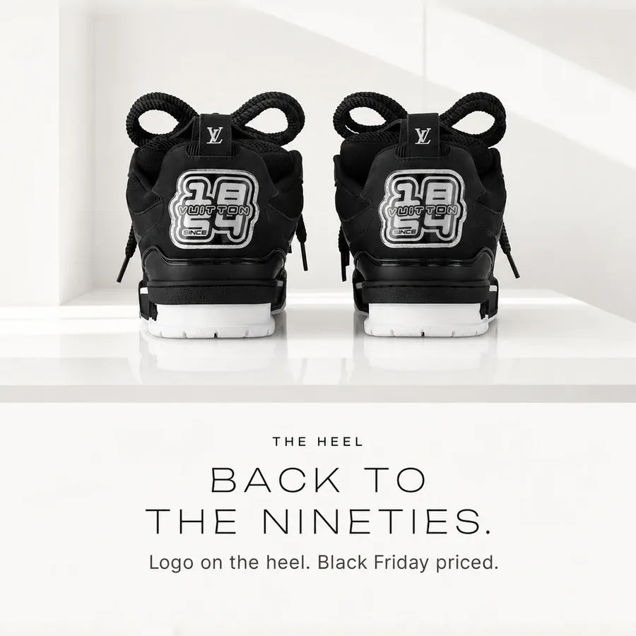 Back to the Nineties: the logo on the heel of the Black LV Skate, seen from behind. Black Friday priced.