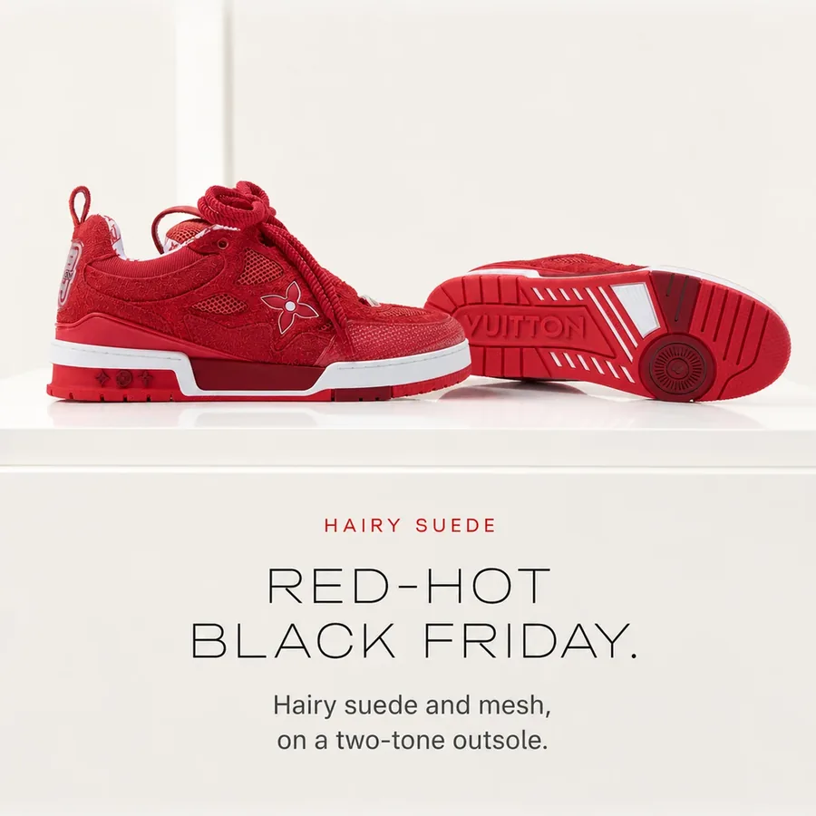 Red-hot Black Friday: hairy suede and technical mesh on a two-tone rubber outsole, the Red Hairy Suede LV Skate.
