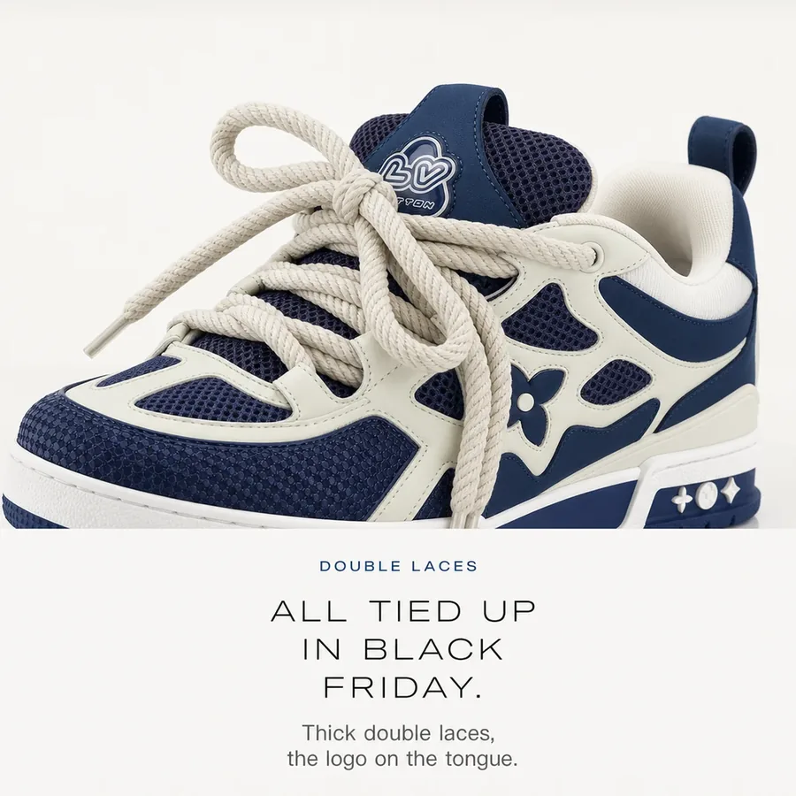 All tied up in Black Friday: thick double laces and the logo on the tongue of the Navy Blue LV Skate.