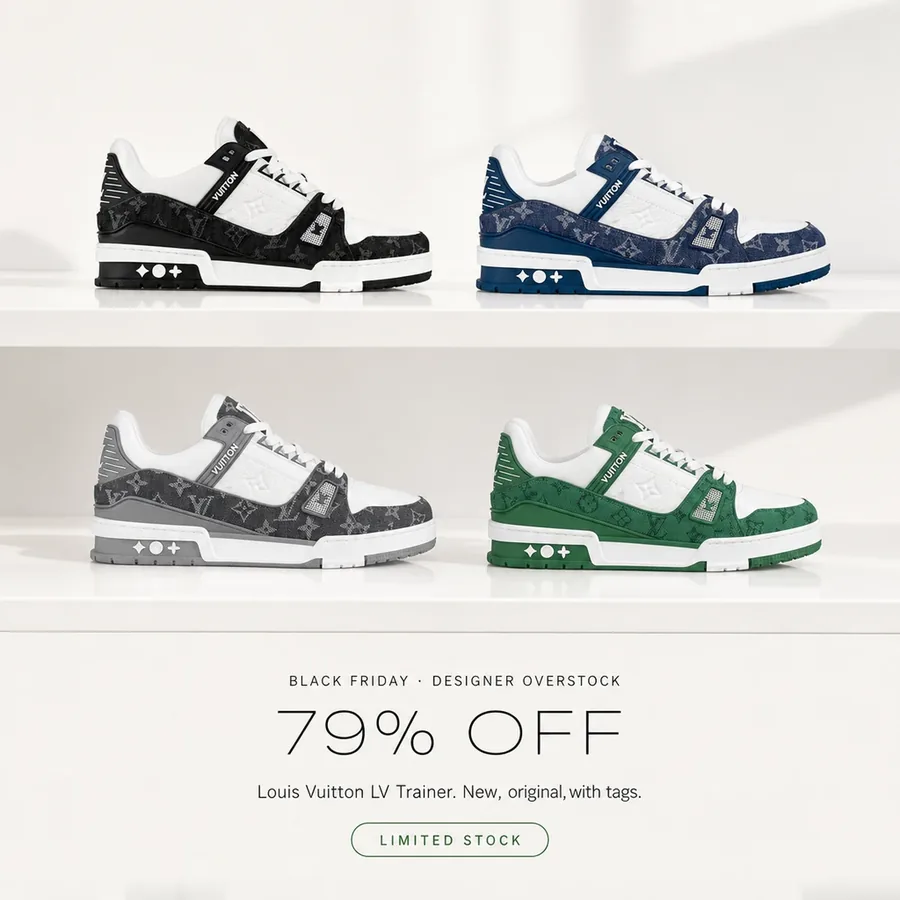 Black Friday, designer overstock: 79% off the Louis Vuitton LV Trainer, new, original, with tags.