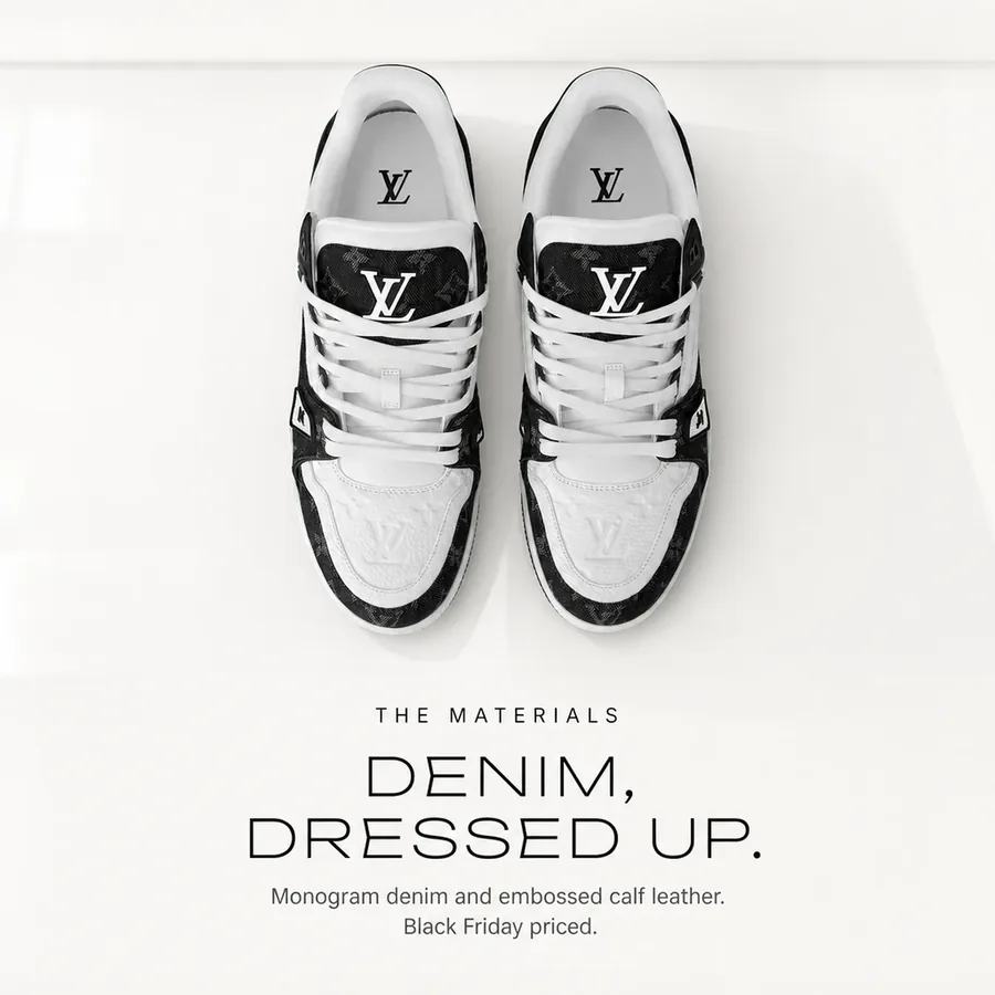 Denim, dressed up: Monogram denim and Monogram-embossed calf leather, seen from above. Black Friday priced.