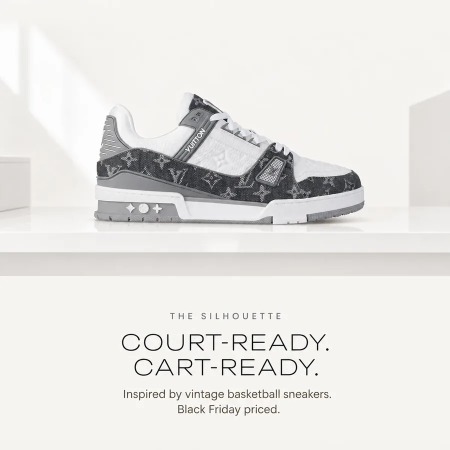 Court-ready, cart-ready: the Gray LV Trainer in profile, inspired by vintage basketball sneakers. Black Friday priced.