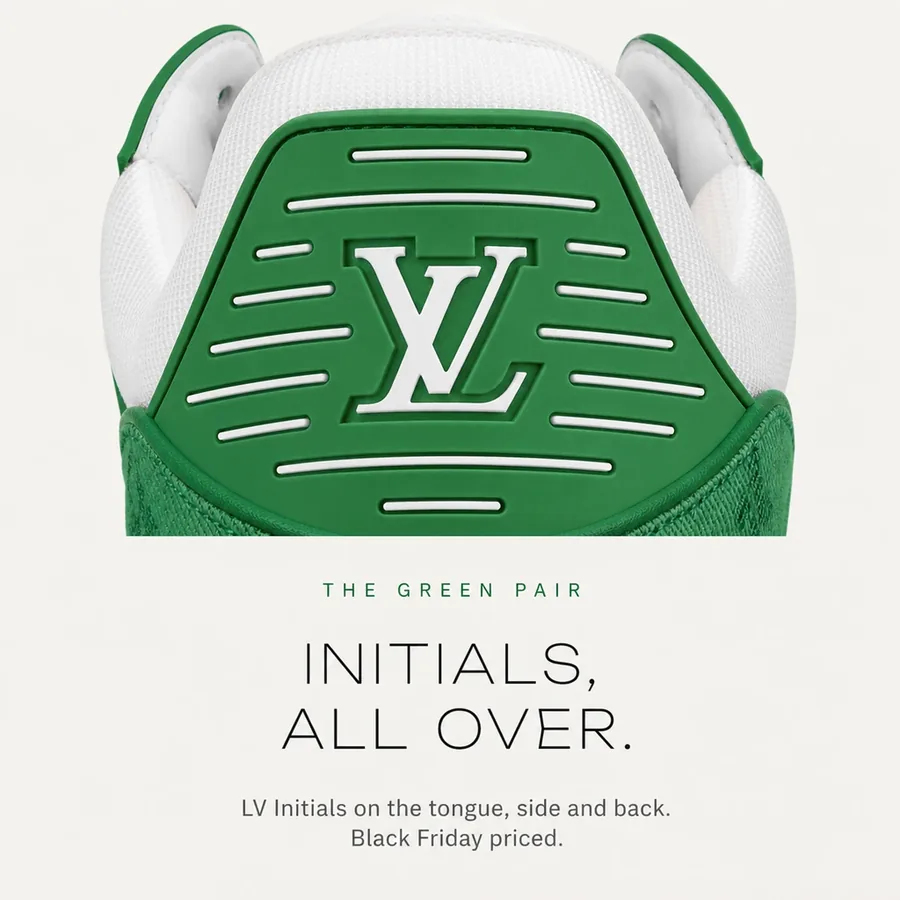 Initials, all over: LV Initials on the tongue, side and back, here on the Green heel. Black Friday priced.