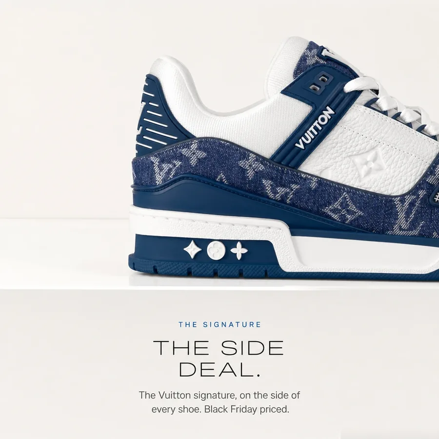 The side deal: the Vuitton signature on the side of the Blue LV Trainer. Black Friday priced.