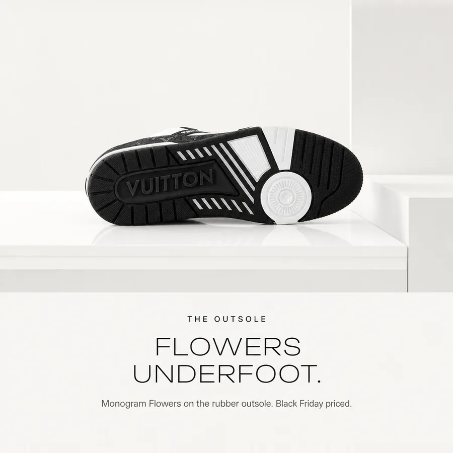 Flowers underfoot: Monogram Flowers on the rubber outsole of the Black LV Trainer. Black Friday priced.
