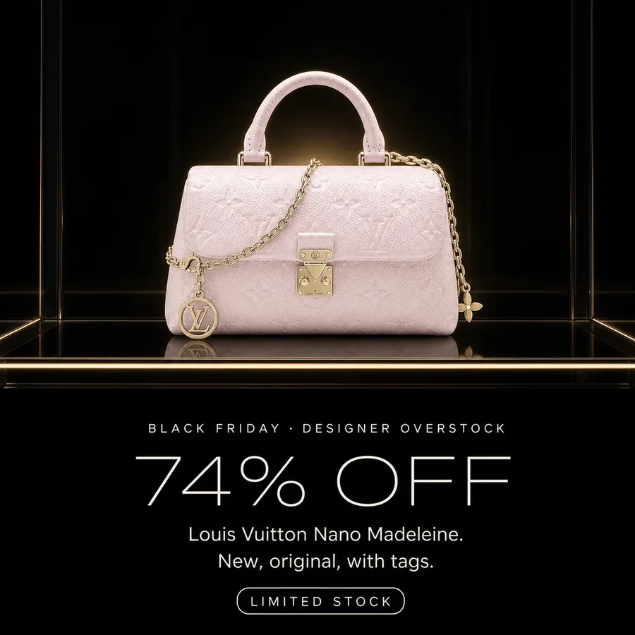 Black Friday, designer overstock: 74% off the Louis Vuitton Nano Madeleine, new, original, with tags. Limited stock.