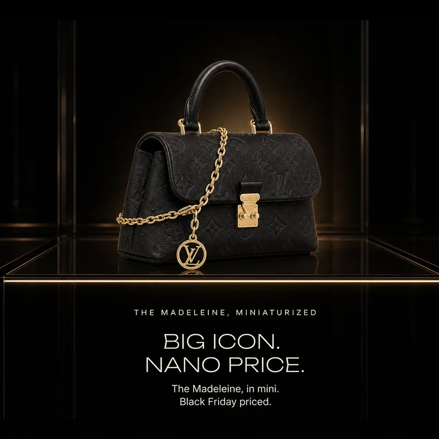 Big icon, nano price: the Louis Vuitton Nano Madeleine in black, a miniaturized Madeleine, Black Friday priced.