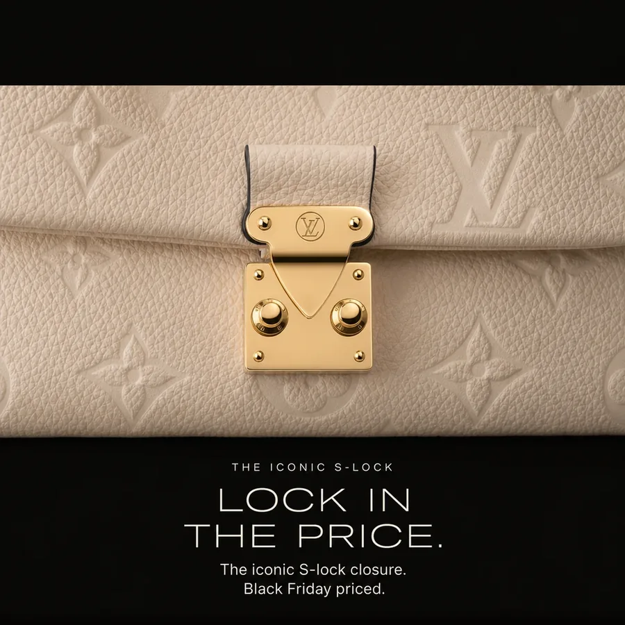 Lock in the price: the iconic S-lock closure of the Louis Vuitton Nano Madeleine in crème, Black Friday priced.