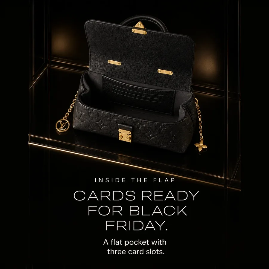 Cards ready for Black Friday: inside the Nano Madeleine in black, a flat pocket with three card slots.