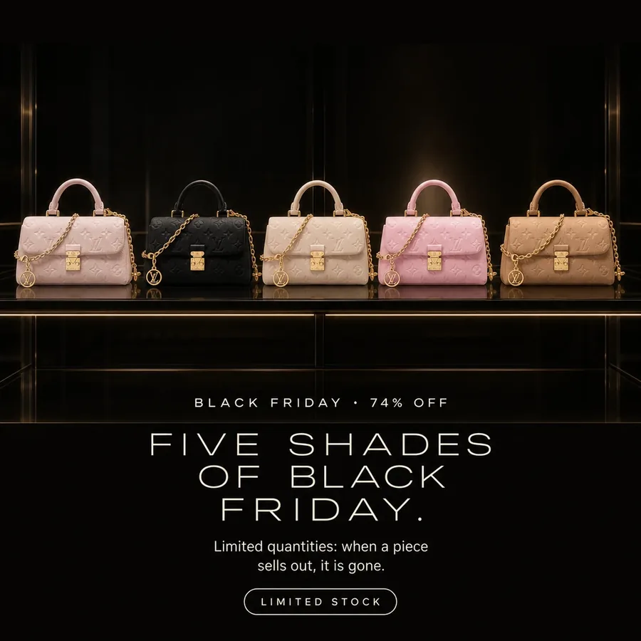 Black Friday, 74% off: five shades of Black Friday, the Louis Vuitton Nano Madeleine in five colours. Limited stock.