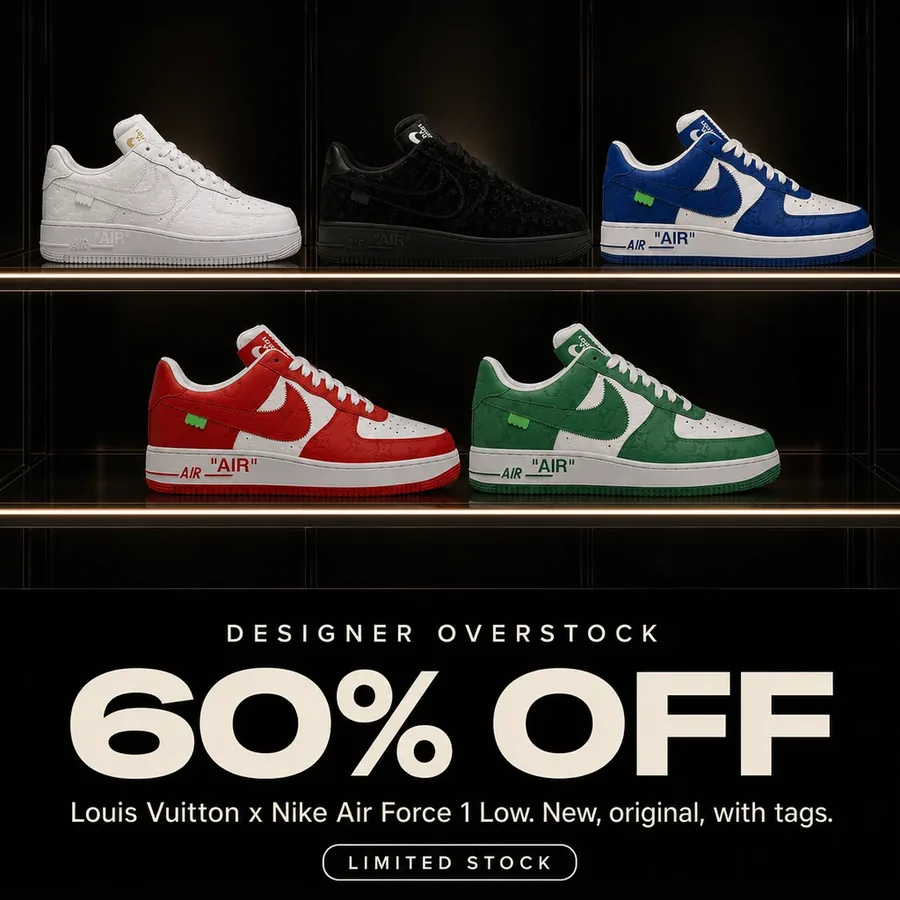 Designer overstock, 60% off: Louis Vuitton x Nike Air Force 1 Low in five colorways, new, original, with tags.